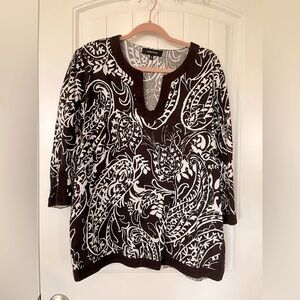 Jones Wear women XL 100% cotton BROWN and White print 3/4 sleeve tunic GORGEOUS